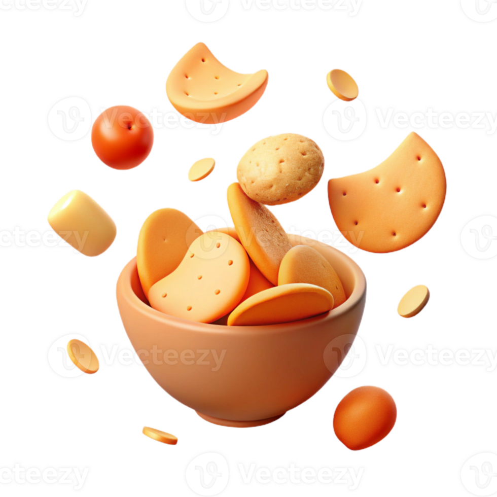 3D Rendered Bowl of Crackers with Flying Snacks png