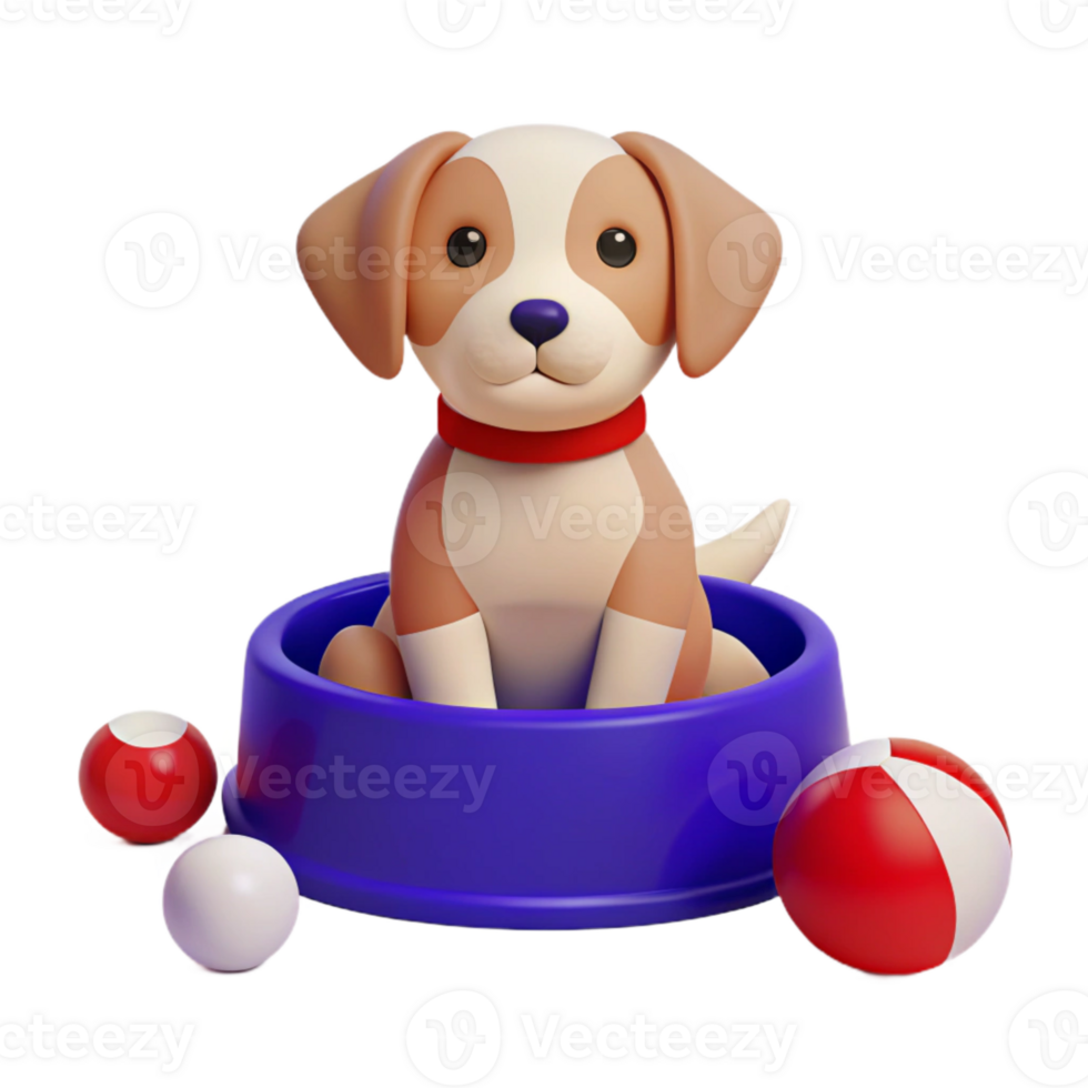 Cute Cartoon Dog Sitting in Blue Bowl with Red and White Balls png