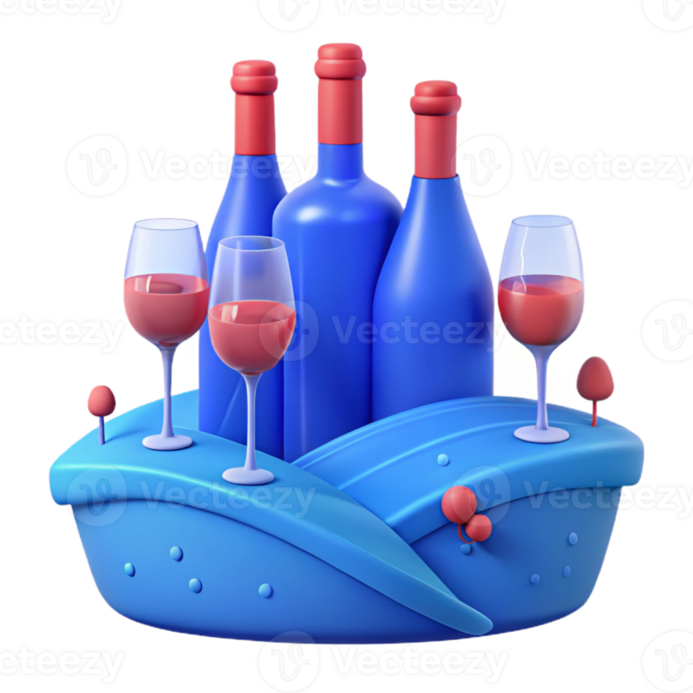 Three Wine Bottles with Glasses in a Blue Basket png