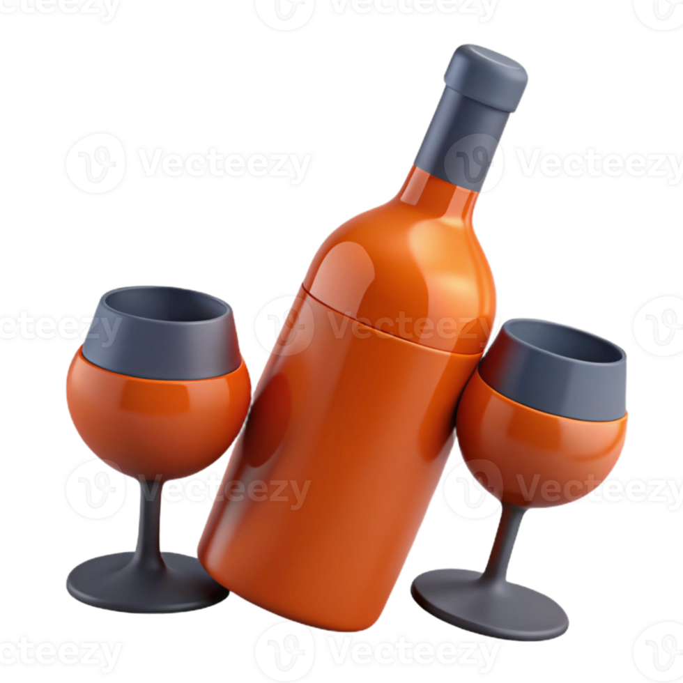 Wine Bottle and Glasses 3D Render png