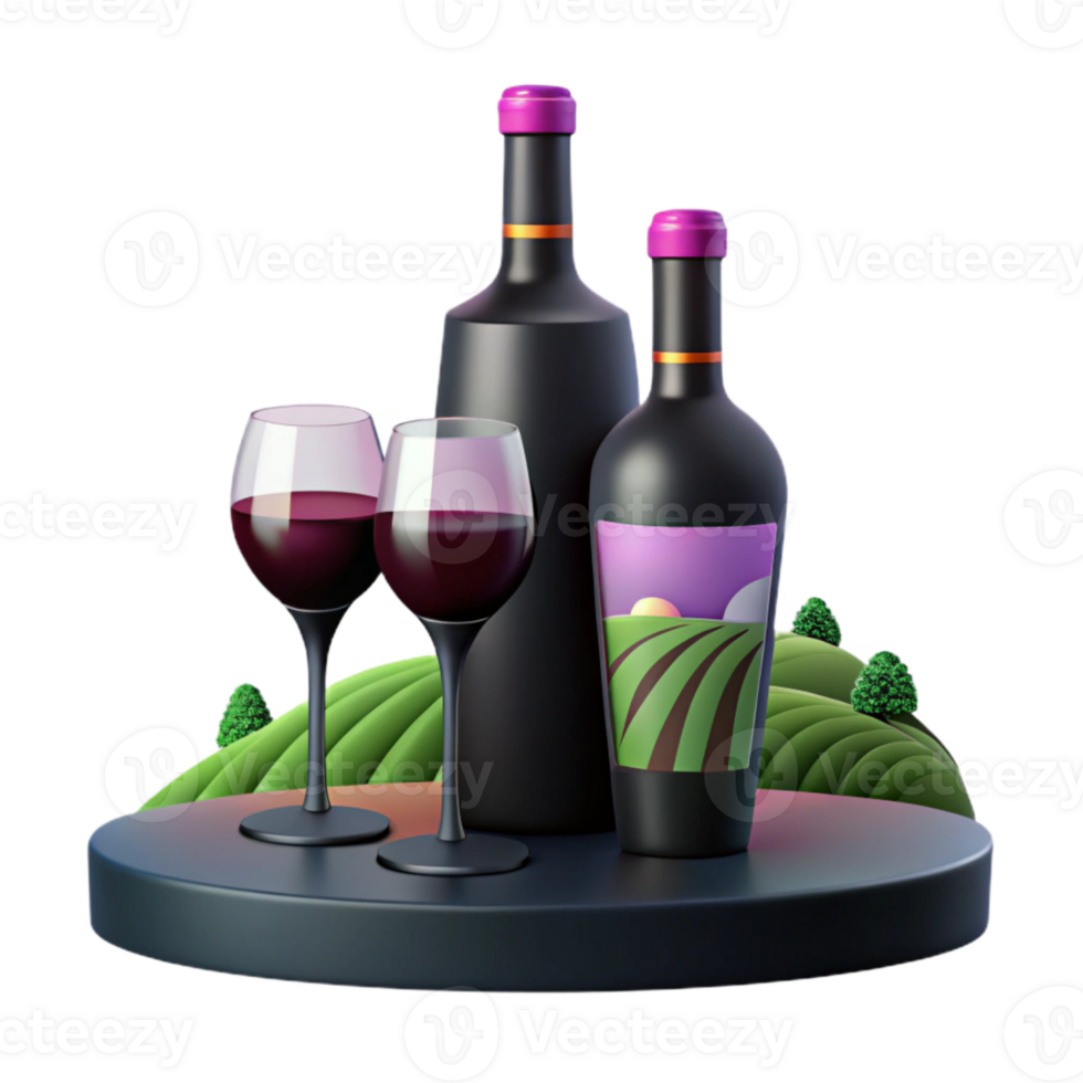 Wine Bottles and Glasses on a Table with Vineyard Background png