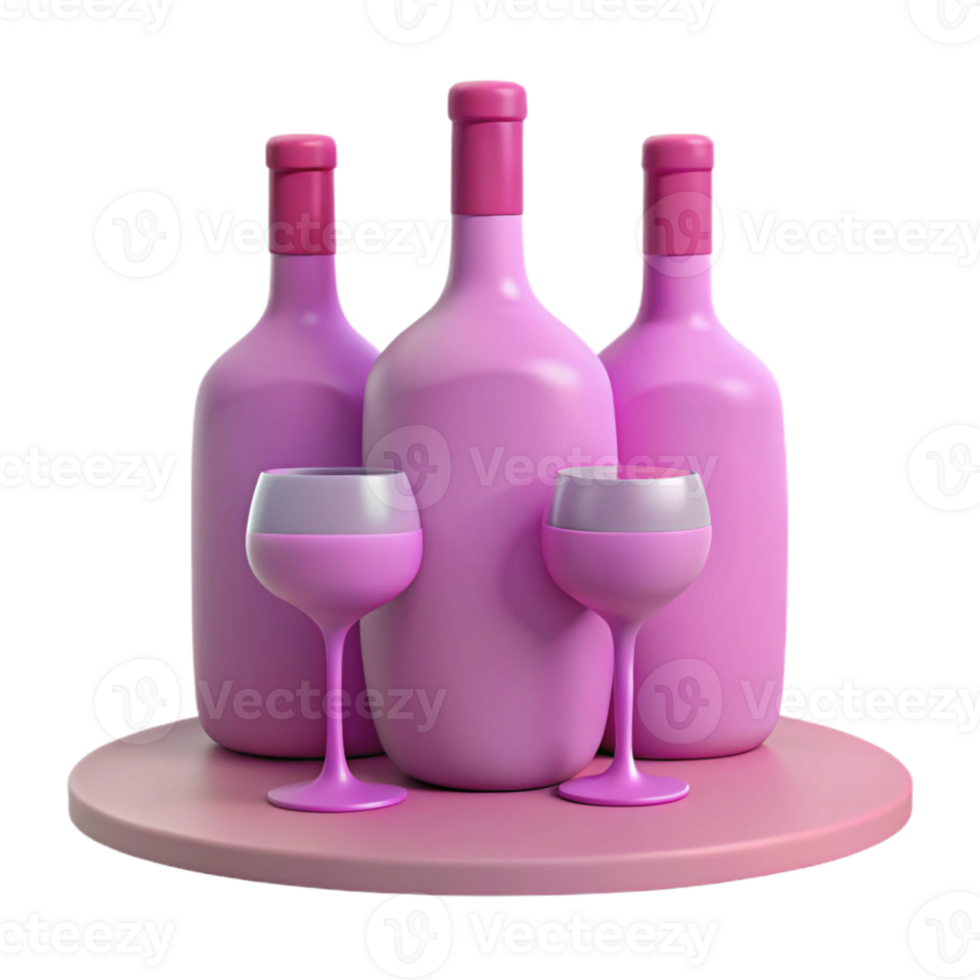 Three Pink Wine Bottles and Two Glasses on a Pink Table png