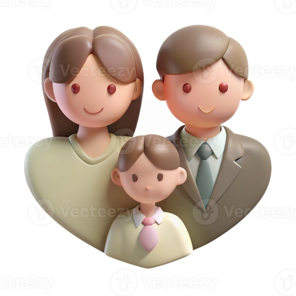 3D Cartoon Family Illustration Mother, Father, and Child in a Heart Shape png