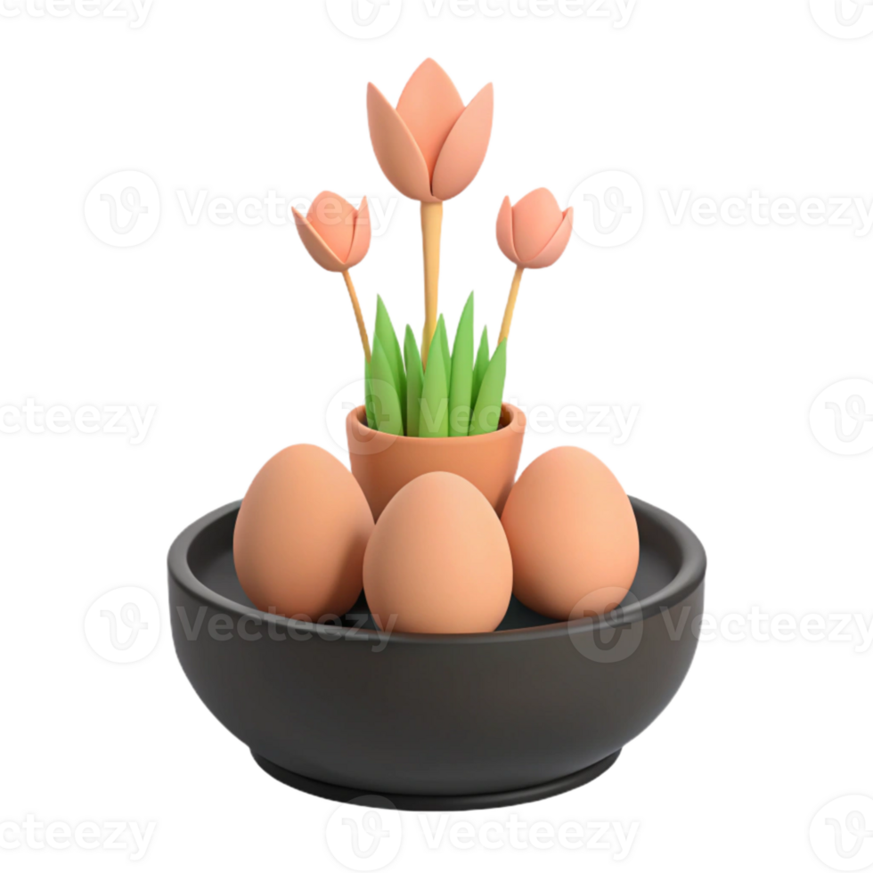 3D Rendered Illustration of Eggs and Flowers in a Bowl png