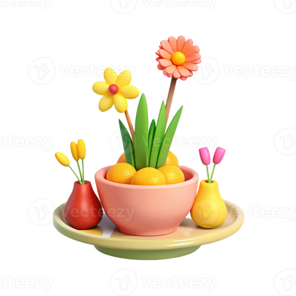3D Render of Flower Pot and Vases with Fruits png
