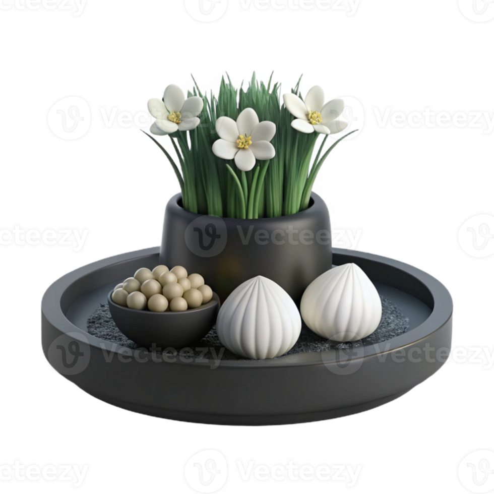 White Flowers, Green Grass, and Round Objects on a Black Tray png