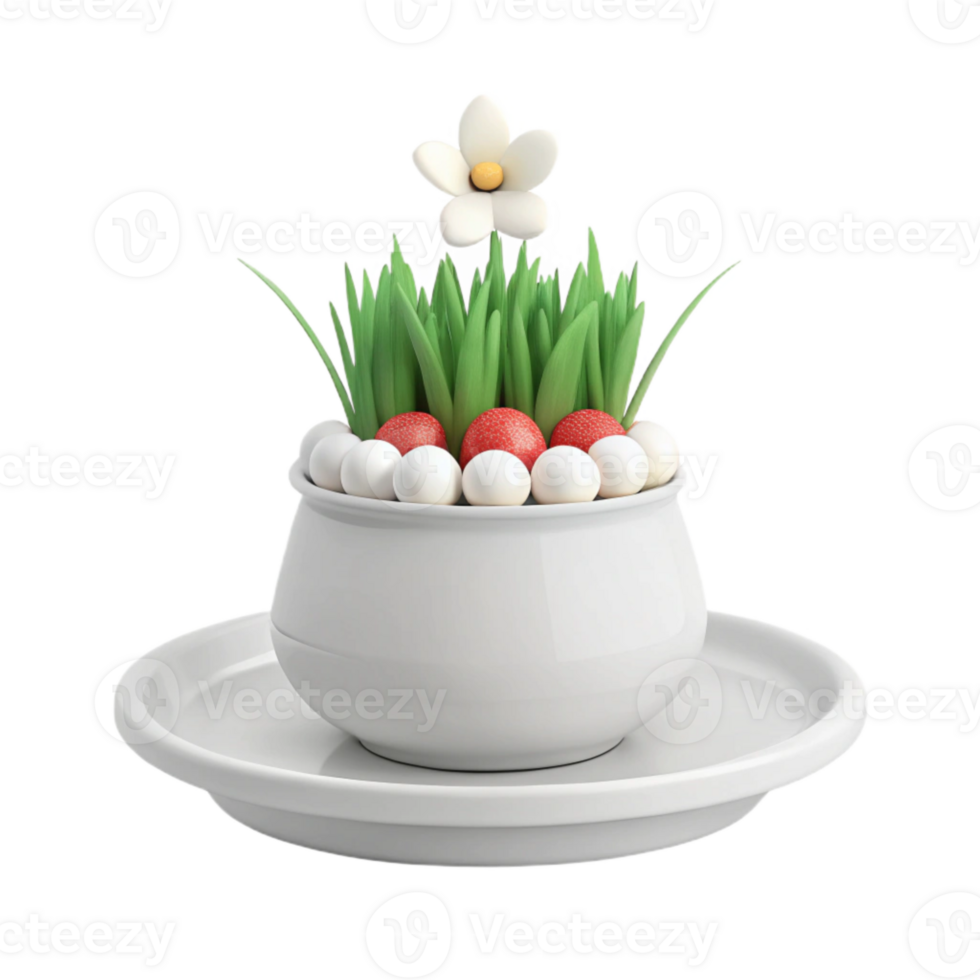 White Pot with Green Grass and Red and White Decorations png