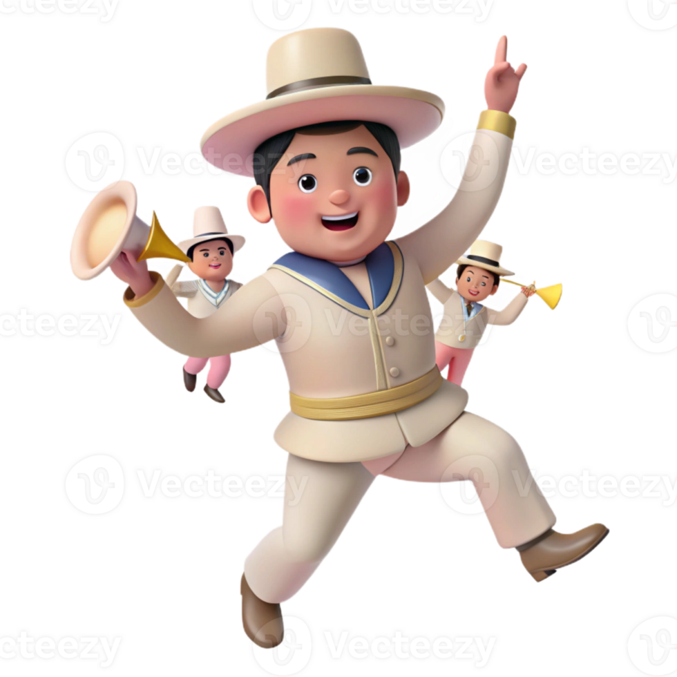Cheerful Cartoon Character in White Suit Jumps With Trumpet png