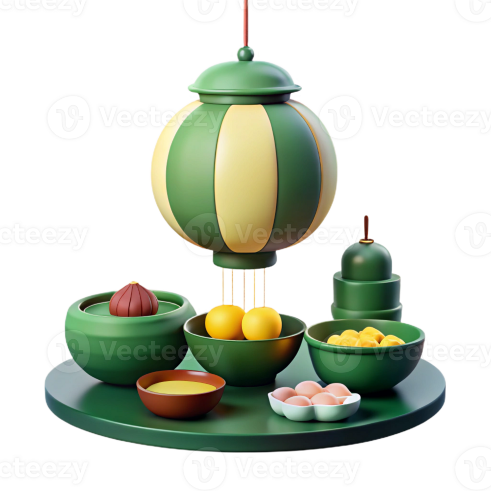 3D Render of a Festive Table Setting with Green and Yellow Decorations png