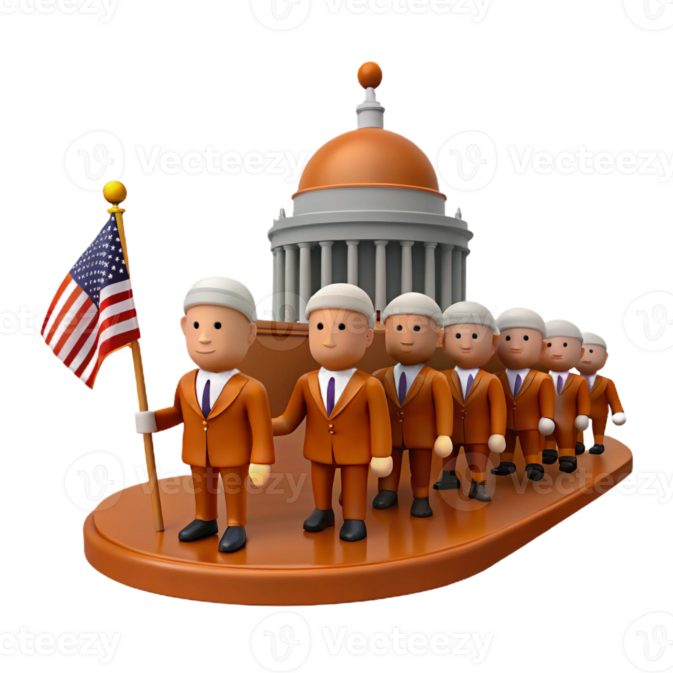 Group of Cartoon Figures in Suits Holding American Flag in Front of Building png