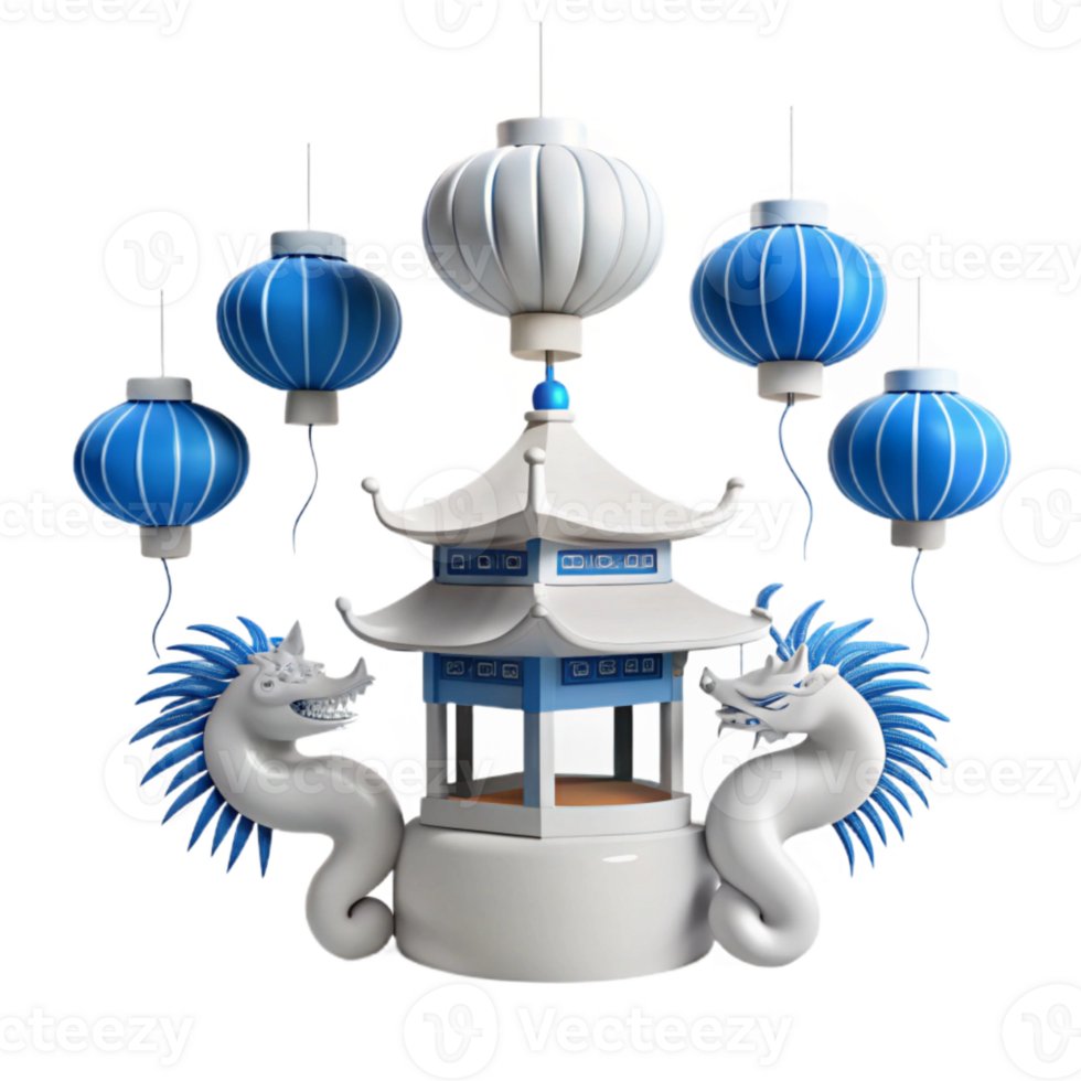 White Pagoda with Blue Lanterns and Dragon Statues png