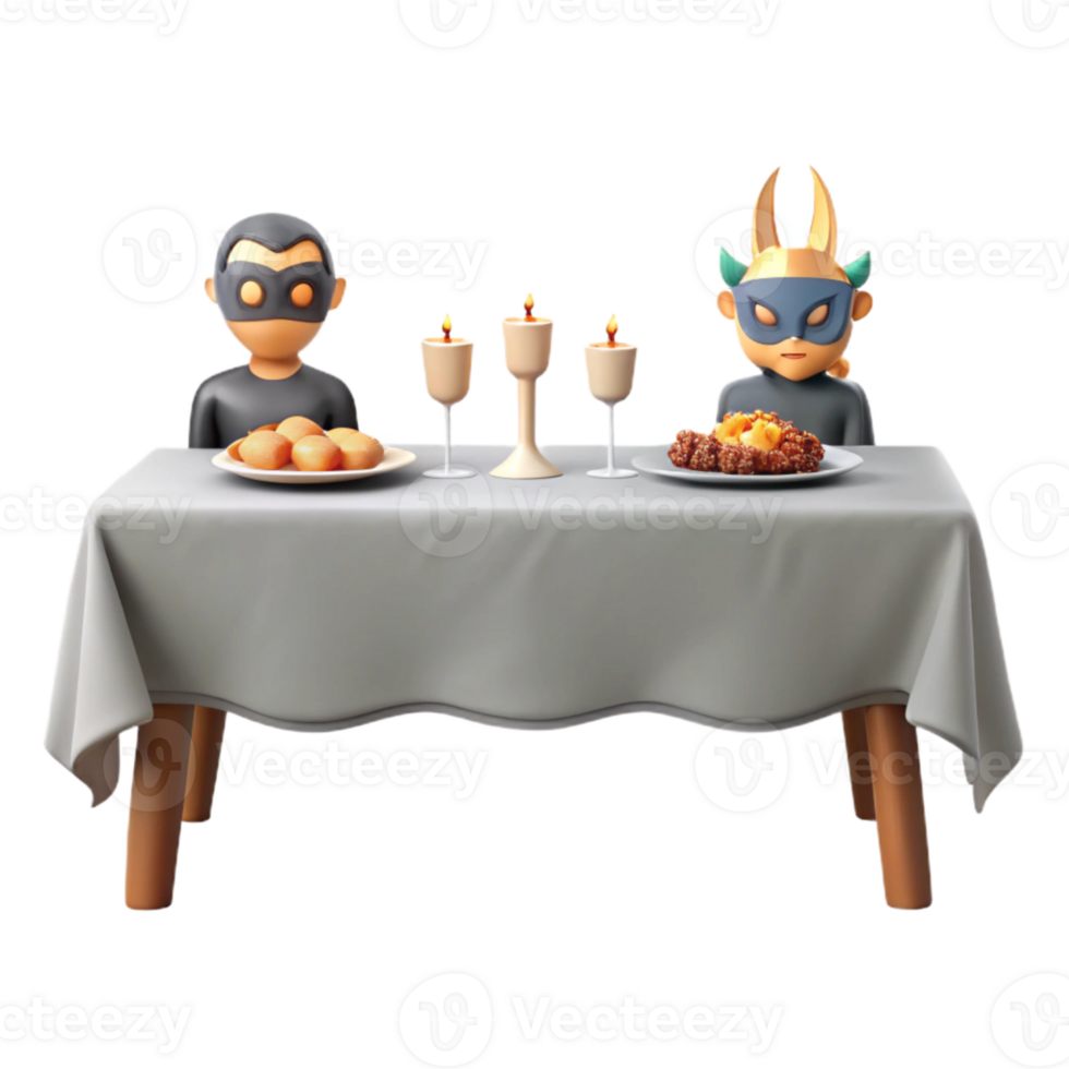 Two Masked Figures Enjoying a Meal with Candles png