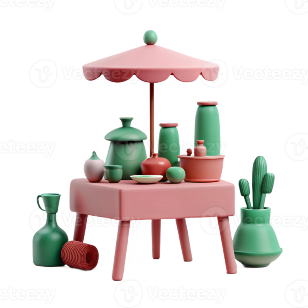 3D Rendered Table with Umbrella and Colorful Pottery png