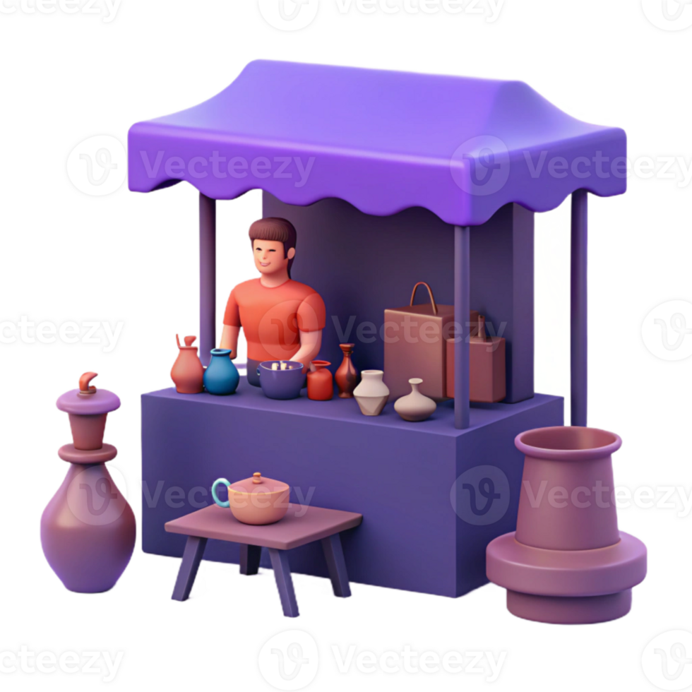 3D Render of a Market Stall with a Vendor Selling Pottery png