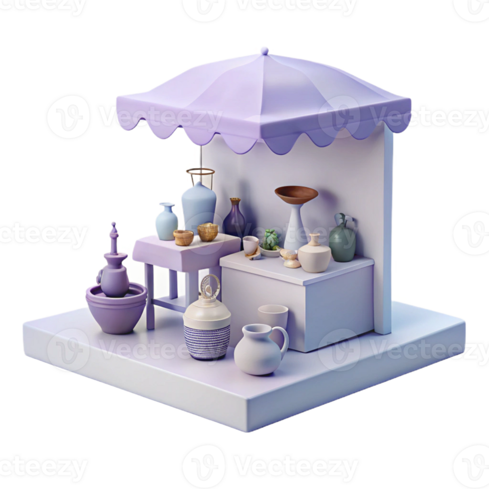 3D Render of a Small Market Stall with Various Pottery Items png