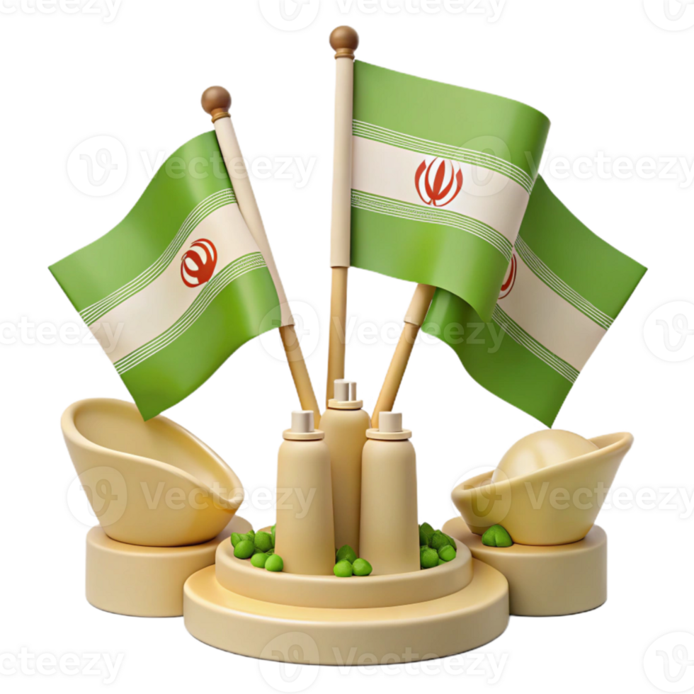 3D Rendered Flag Stand with Green Flags and Decorative Elements png