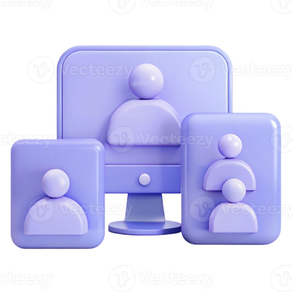 3D Render of a Computer Screen with User Icons Representing Online Collaboration and Communication png