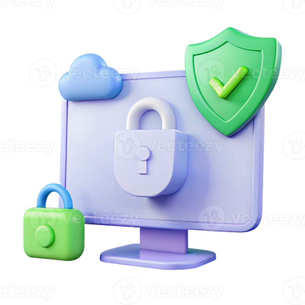 Secure Computer with Padlock, Shield, and Cloud Symbol png