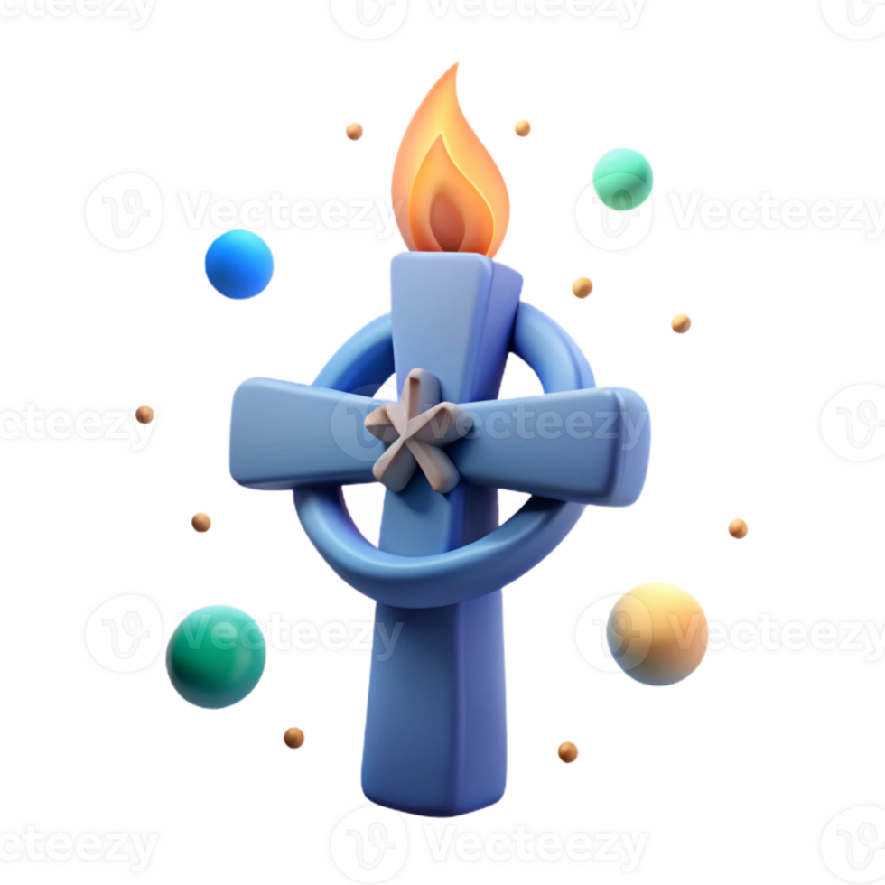 3D Render of a Blue Cross with a Burning Candle on Top png