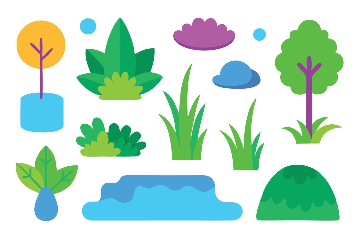 A collection of vibrant water plants and trees, showcasing their lush greenery and aquatic beauty isolated flat illustration white background. vector