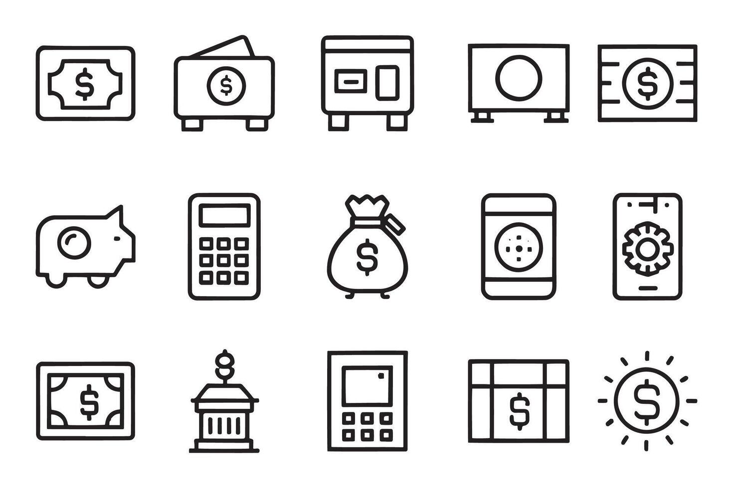 Bank Safe Deposit Box, Tips Jar, Pension Calculator related editable icon set isolated flat illustration white background vector
