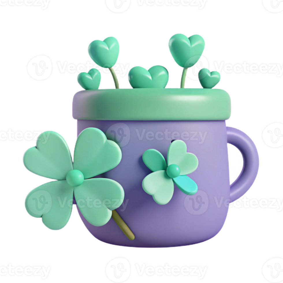 Cute 3D Render of a Mug with Four-Leaf Clovers png