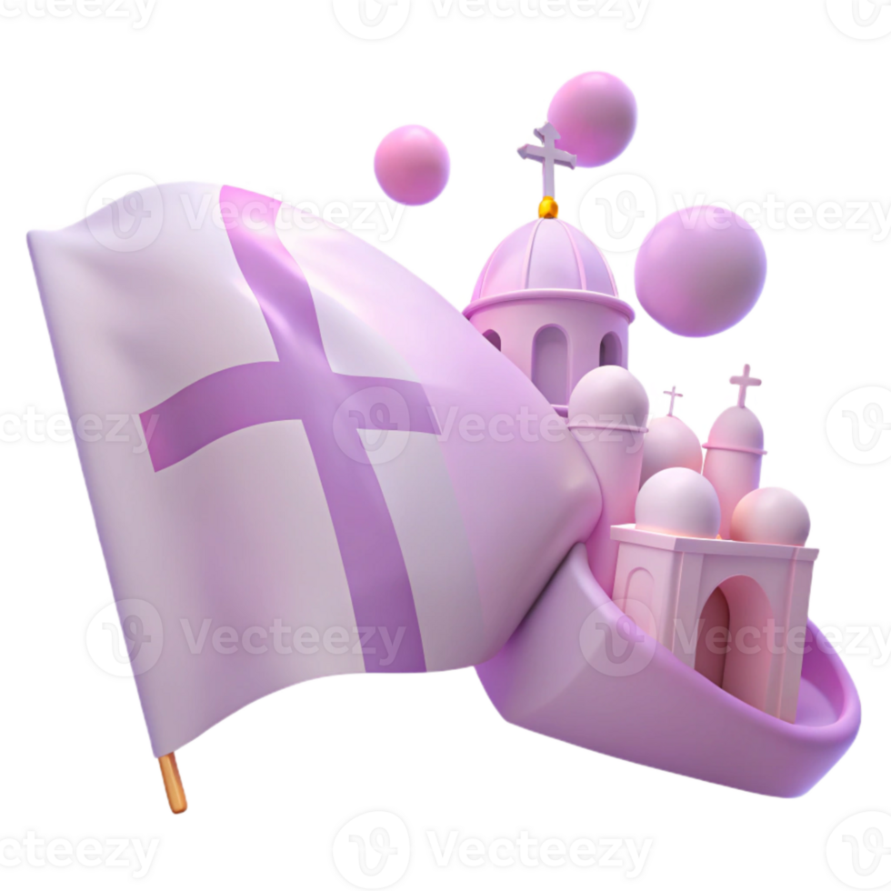3D Rendered Pink Church with Flag and Bubbles png