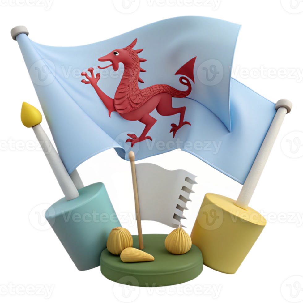 3D Render of a Red Dragon on a Blue Flag with a Candle and Other Festive Decorations png