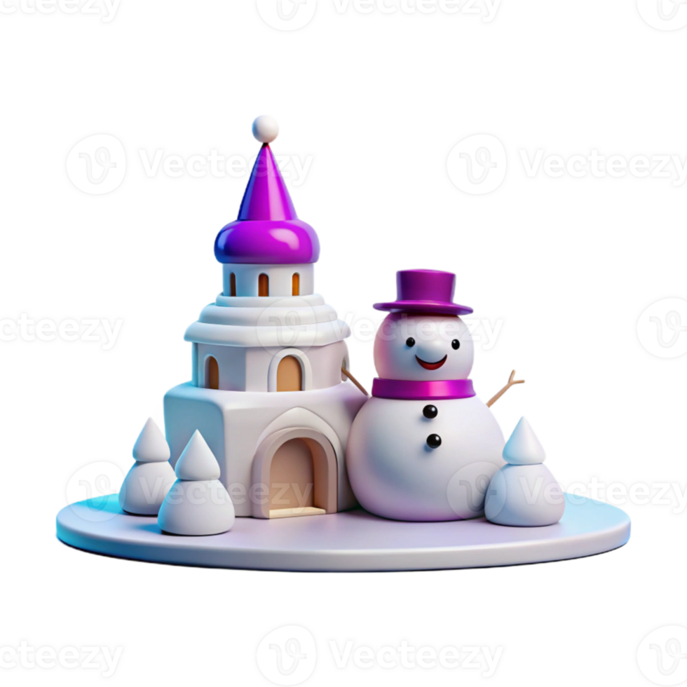 Smiling Snowman Standing Next to a Winter Castle png