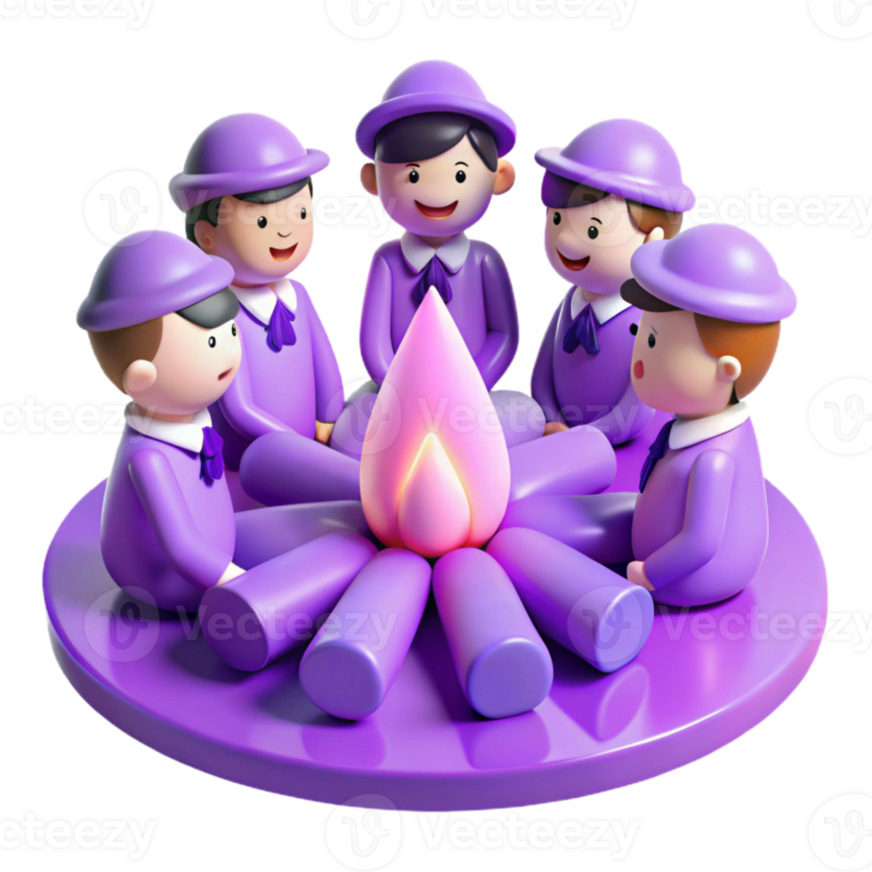 3D Render of Purple Cartoon Characters Sitting Around a Fire png