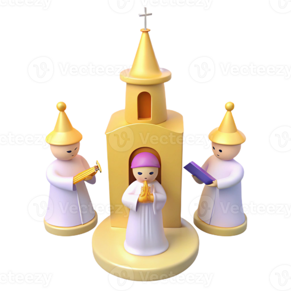3D Rendered Illustration of a Church with Religious Figures png