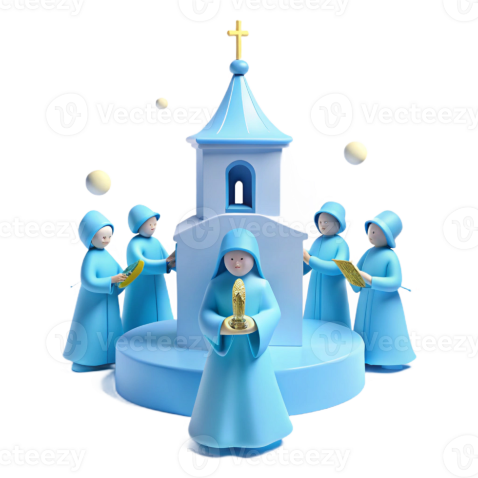 3D Illustration of a Religious Ceremony with Figures in Blue Robes png
