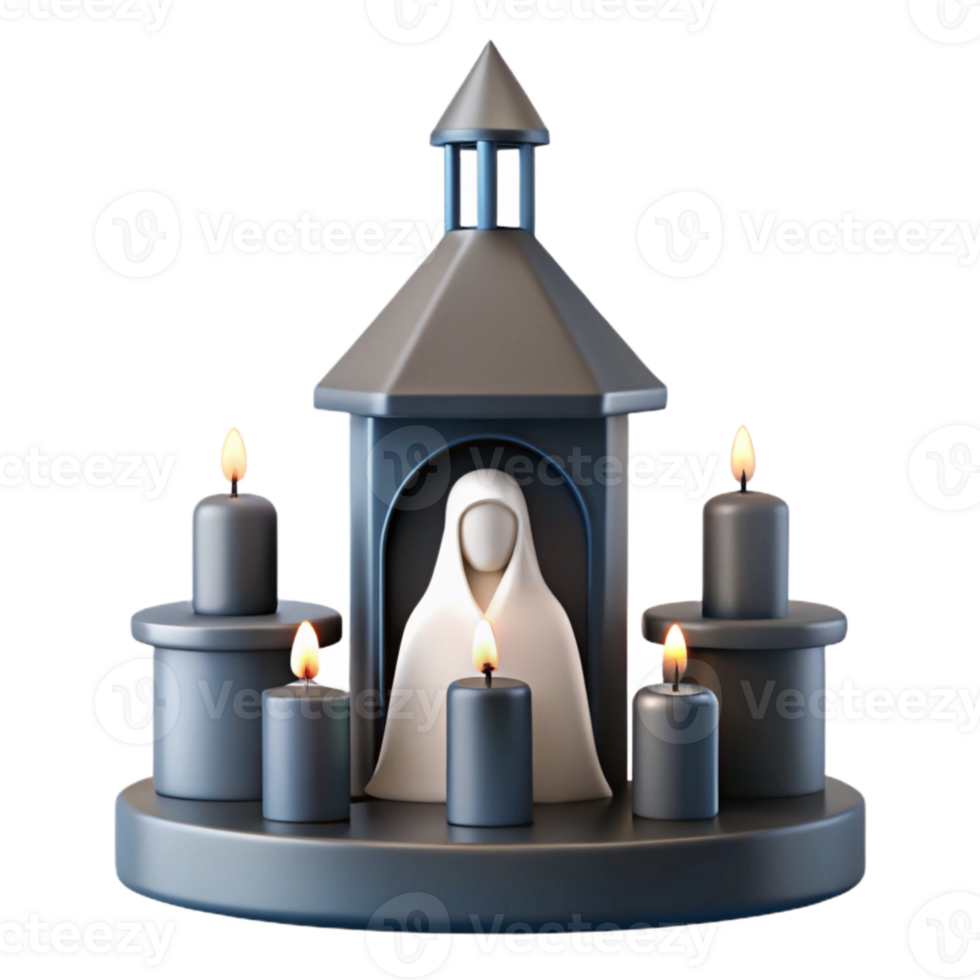 3D Render of a Small Shrine with a Figure and Candles png