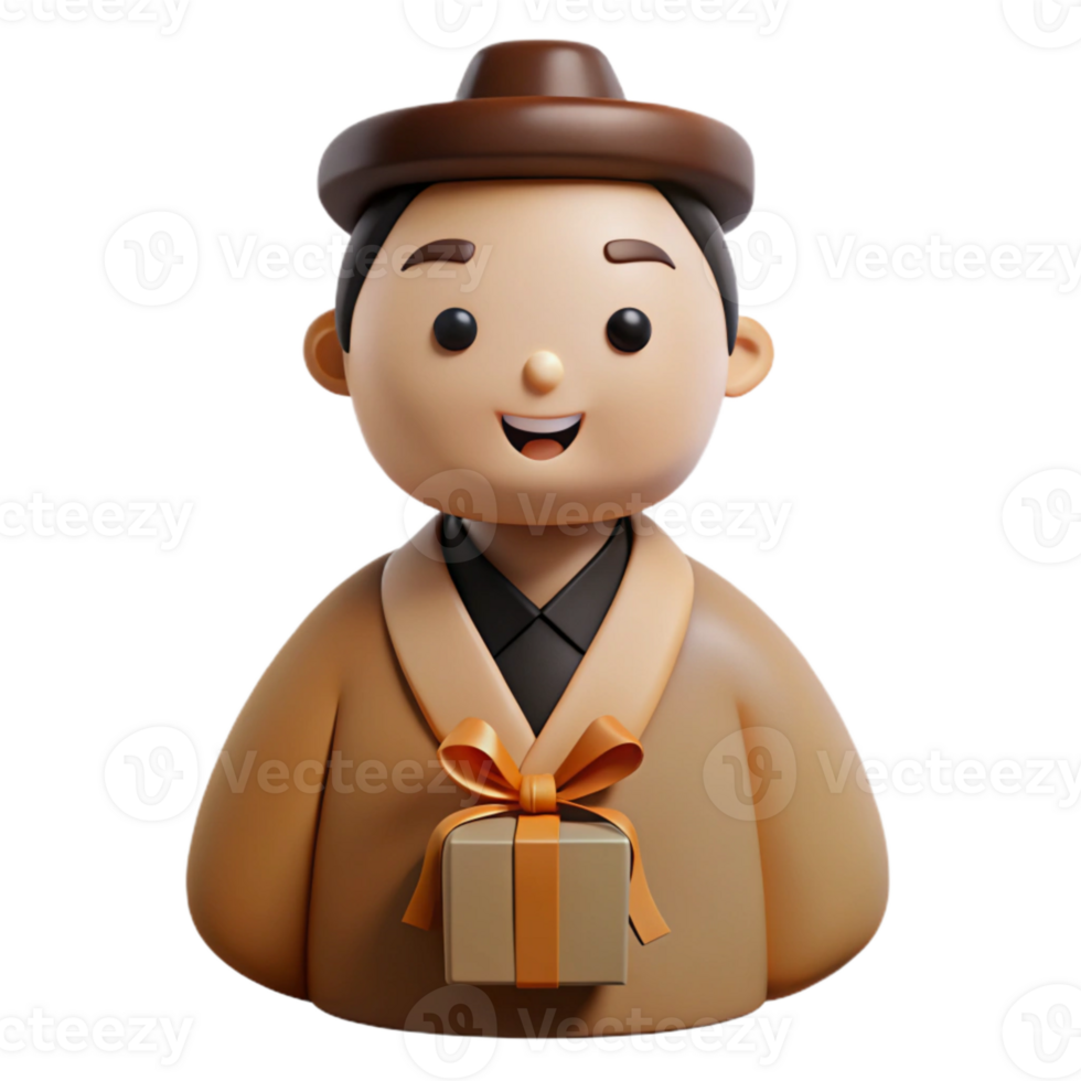 Smiling 3D Character in Traditional Clothing Holding a Gift png