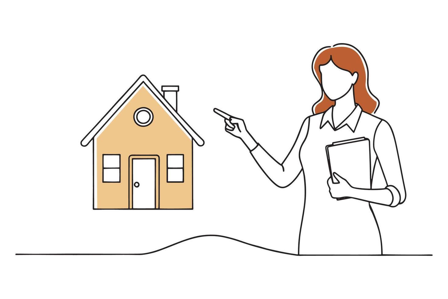 Woman with a clipboard, directing attention to a house with a pointed gesture isolated continuous line art flat illustration on white background vector