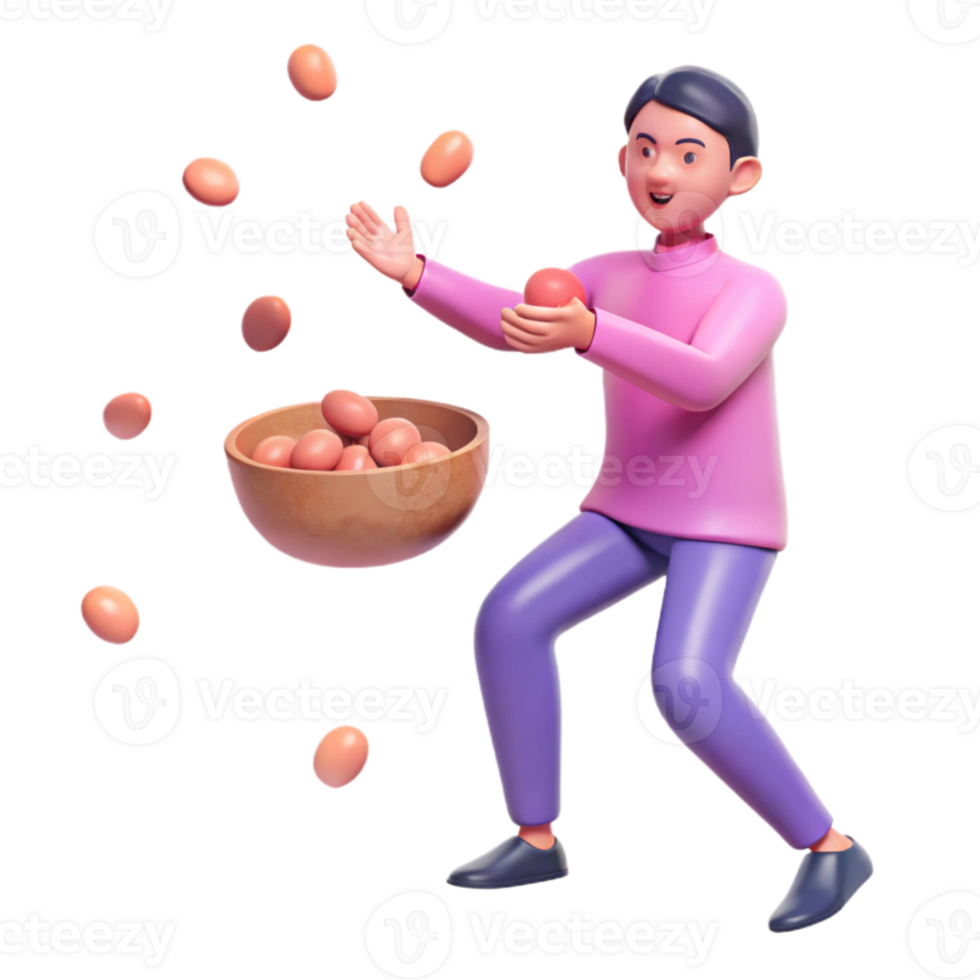 3D Character Juggling Eggs into Bowl png