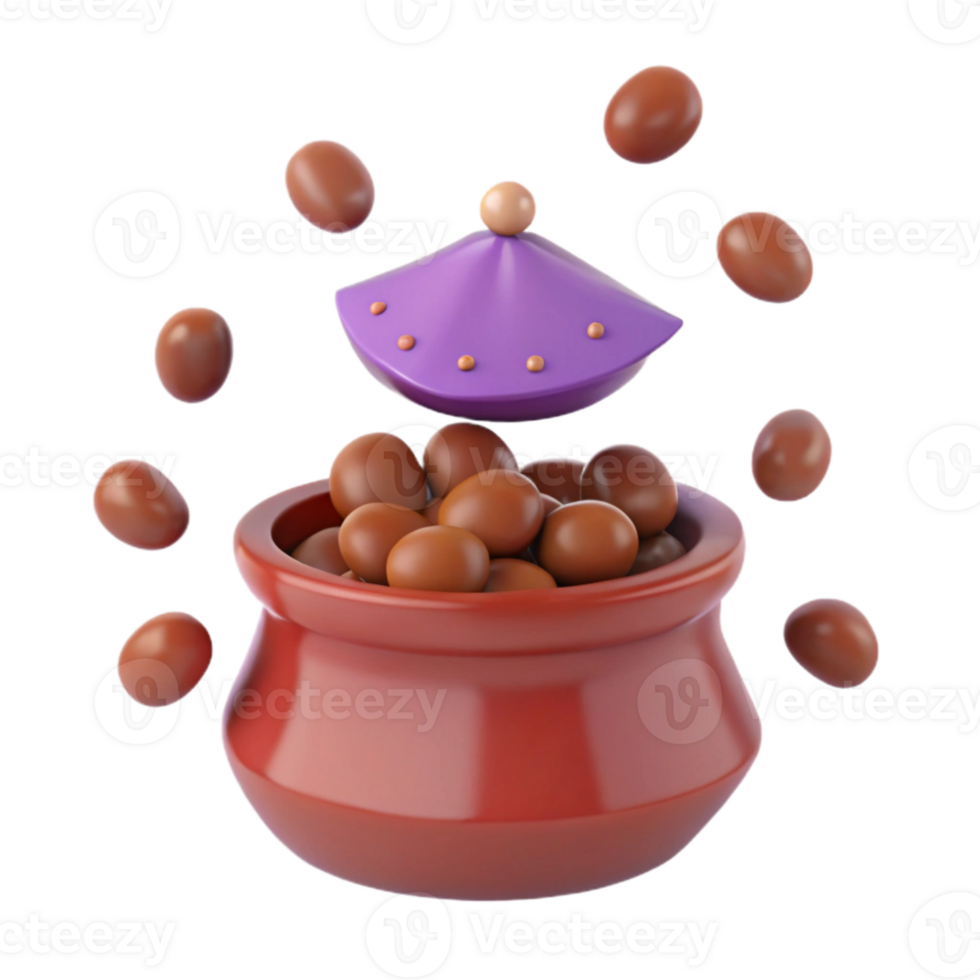 3D Rendered Pot Filled with Round Objects and a Purple Lid png