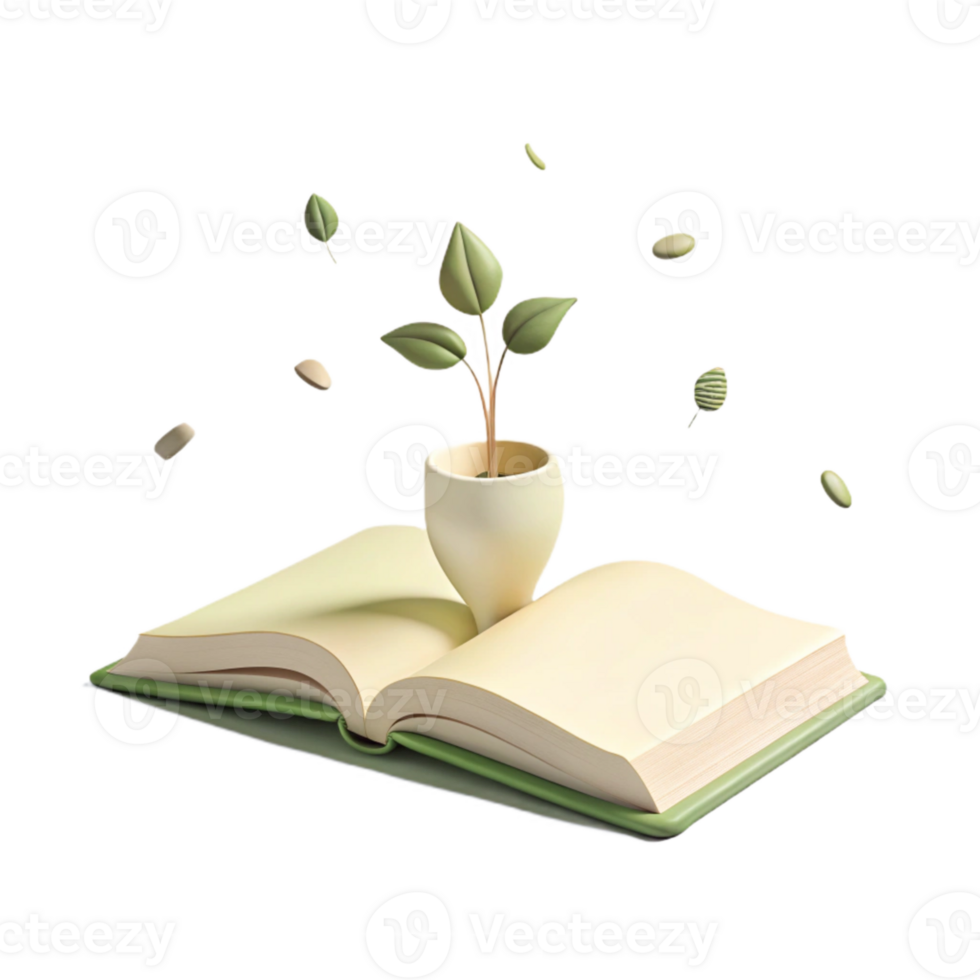 Open Book with Sprouting Plant and Falling Leaves png