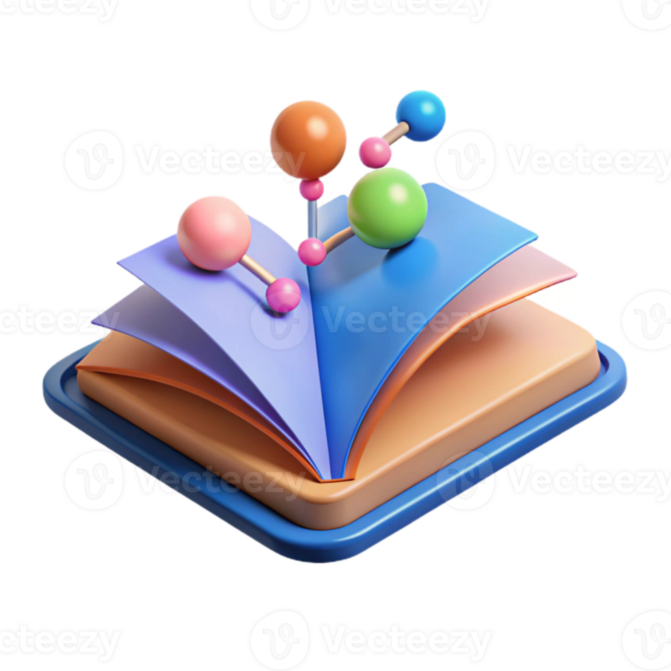 3D Illustration of a Book with Colorful Molecule on Top png