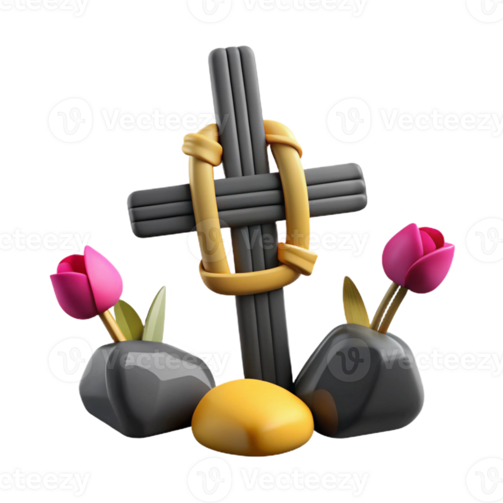 3D Render of a Cross with Two Tulips and Stones png