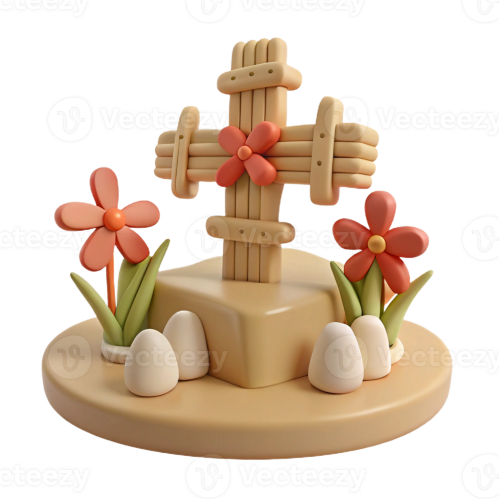 3D Easter Cross With Flowers And Eggs png