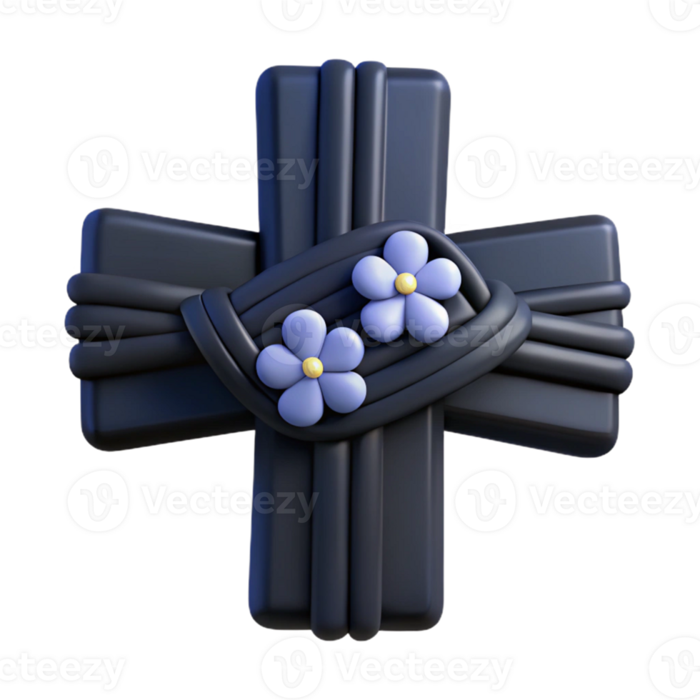 3D Render of a Black Cross with Two Blue Flowers png