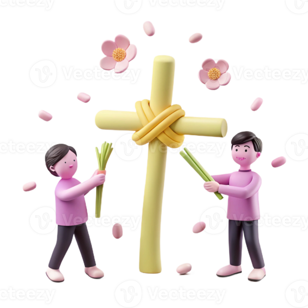 3D Illustration of Two People Decorating a Cross with Flowers and Branches png