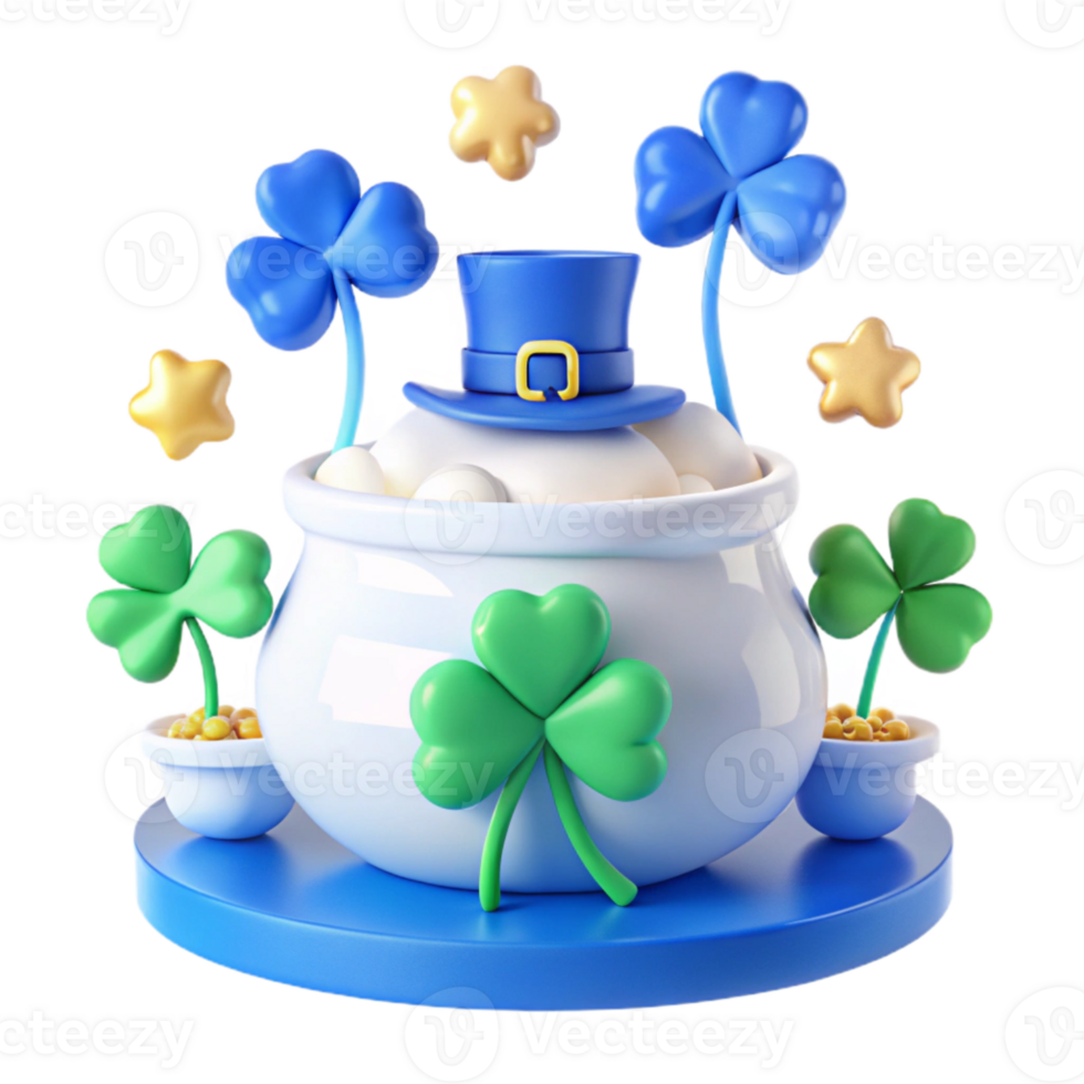 3D Pot of Gold with Shamrocks and a Hat png