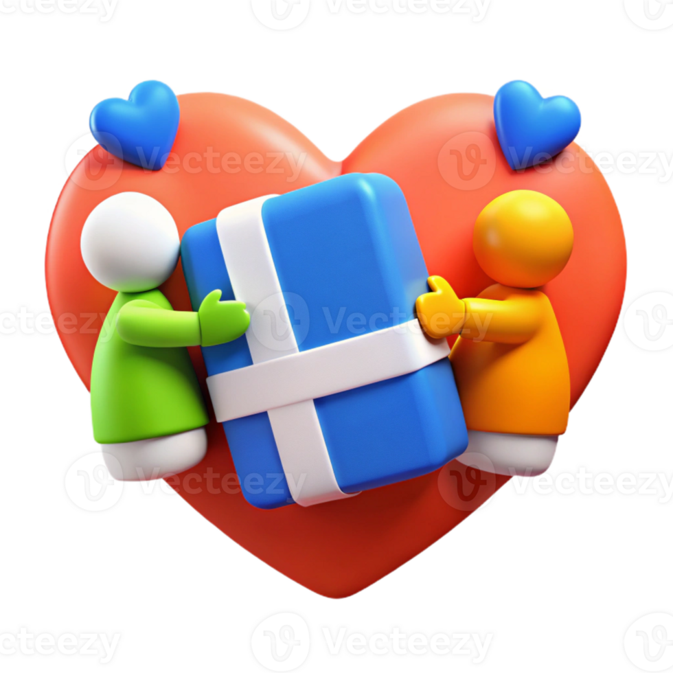 3D Render of Two Cartoon Characters Holding a Gift on a Heart Shape png