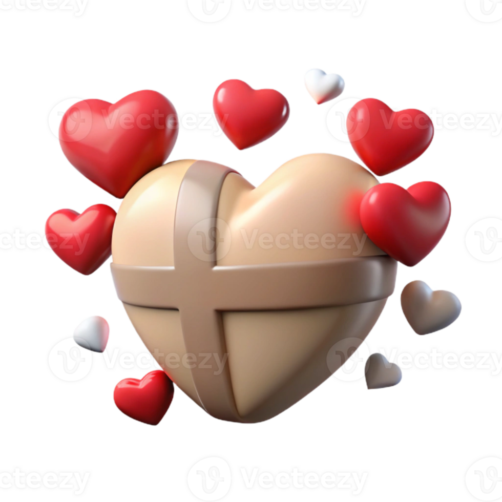 3D Rendered Hearts Surrounding a Heart Shaped Gift Box png