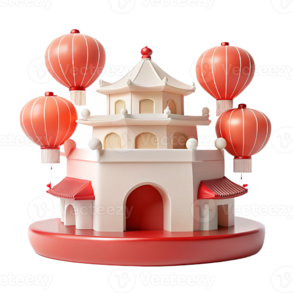 3D Rendering of a Traditional Asian Pagoda with Red Lanterns png