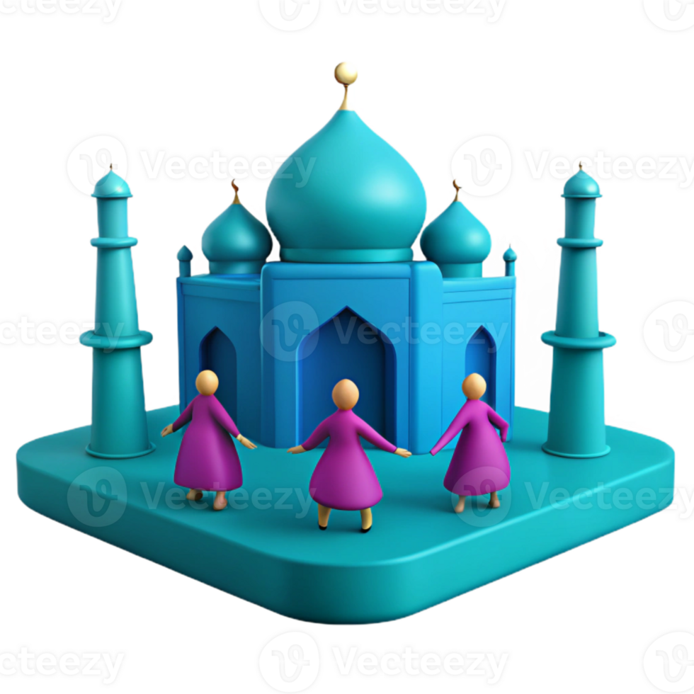 3D Illustration of People Praying in Front of Mosque png