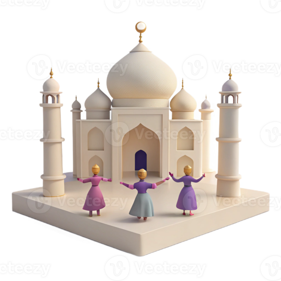 Three Figures Dancing in Front of a White Mosque png