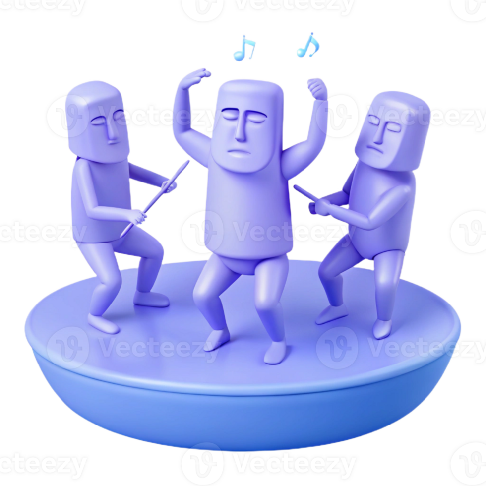Three 3D Characters Dancing on a Platform with Music Notes Above png